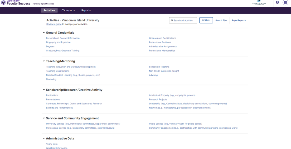 Screenshot of Activities Screen
